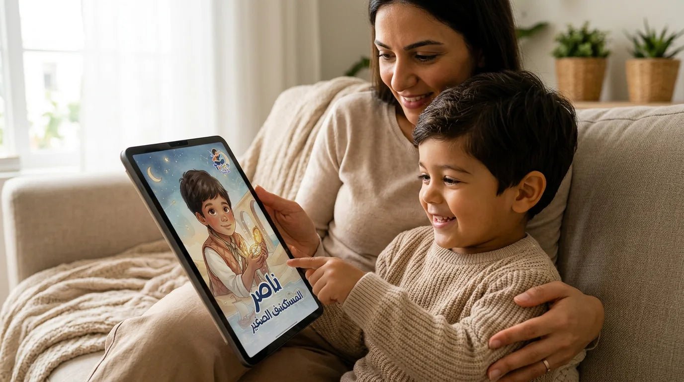 أم وطفل يقرآن معاً في لحظة عائلية دافئة